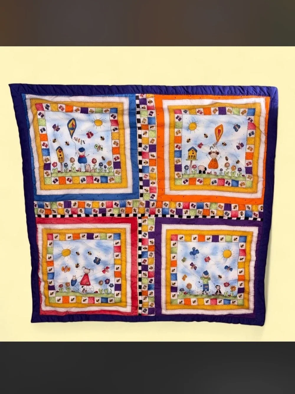 Handmade Four Square Lap Quilt/ Kids Play Mat w/ Scenes and a Colorful Border